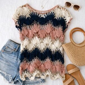 Boho Crochet Fringe Top Sheer Festival Beach Cover Up S/M Resort